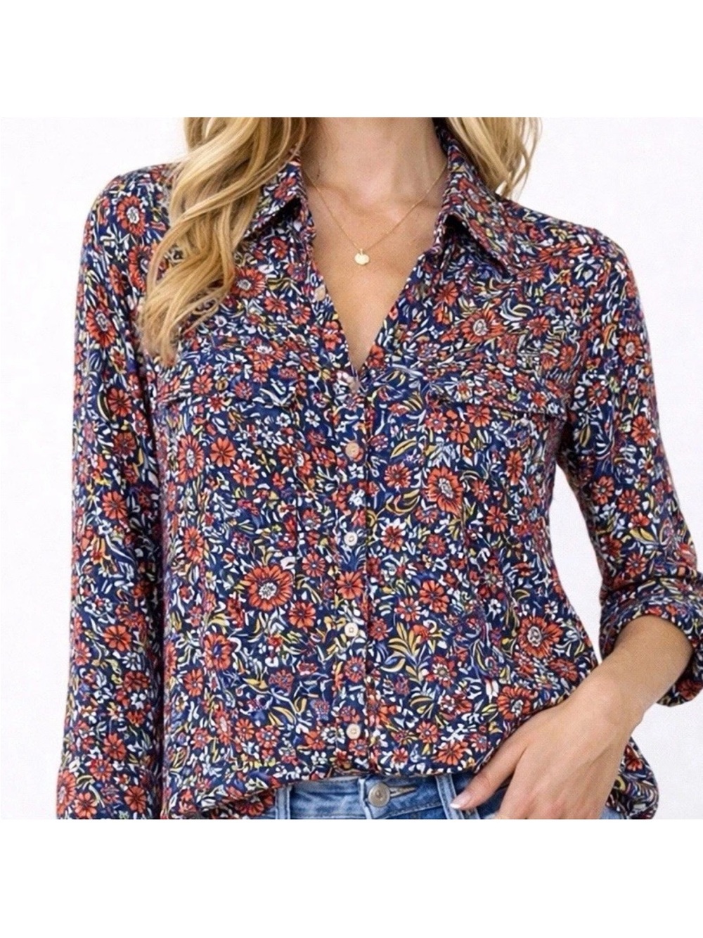 Express Women's The Portofino Slim Fit Shirt Roll Tab Sleeve Red Blue Floral XS